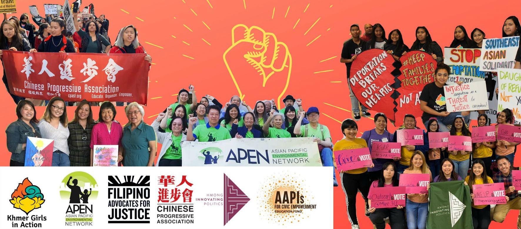 Collage of several images of Asian organizers and members at protests, including logos of sponsoring organizations.