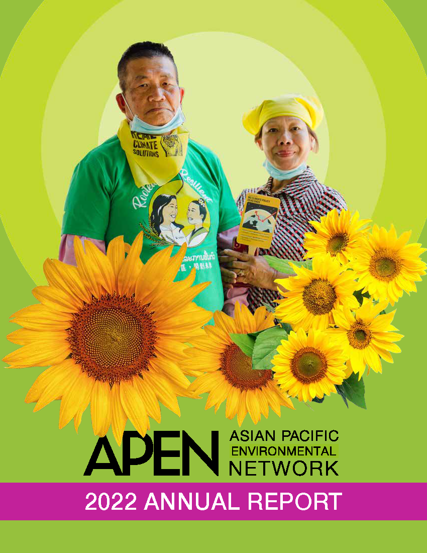 APEN 2022 Annual Report Cover page. Two APEN members stand facing the camera with a green background surrounded by flowers.